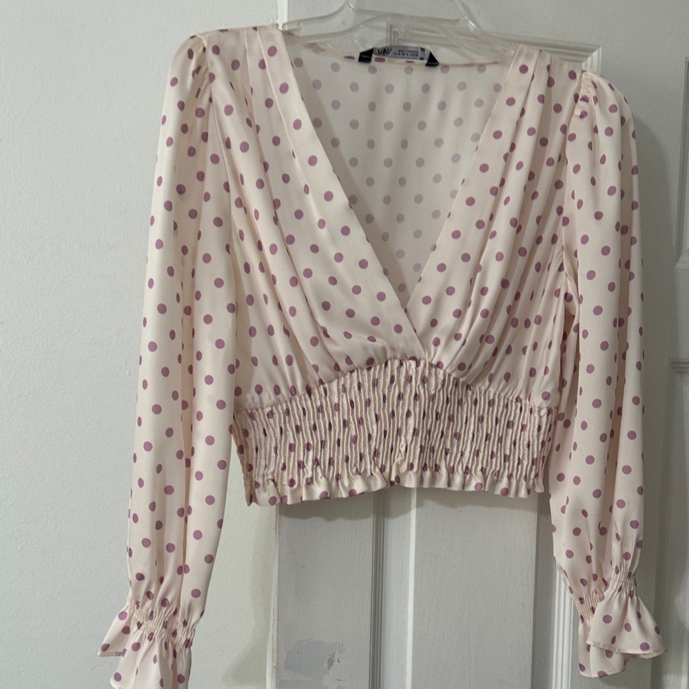 Zara Pink Polka Dot V-Neck Blouse